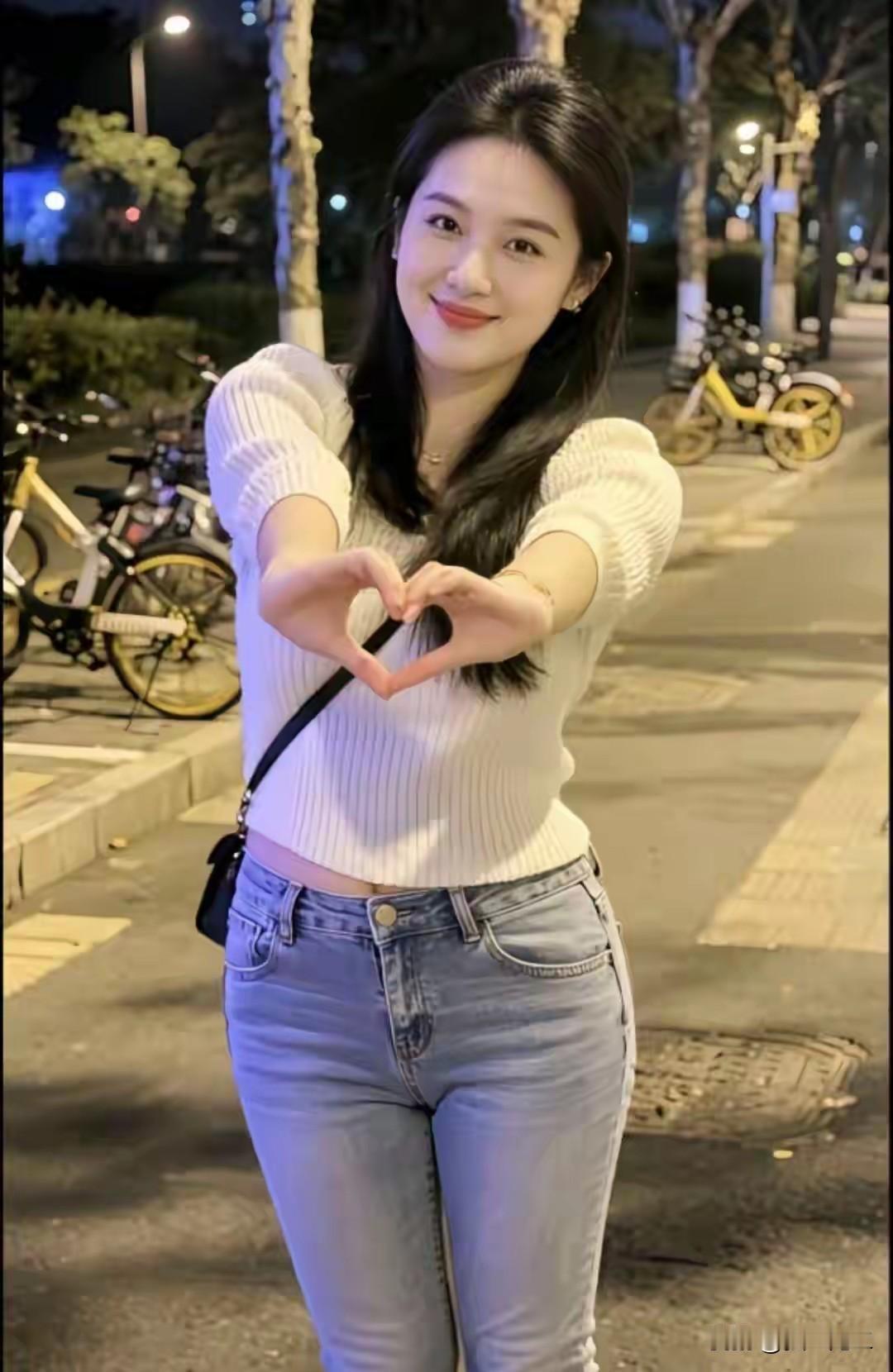 夜晚街头的甜美自拍，心形的姿势，元气满满！💖✨