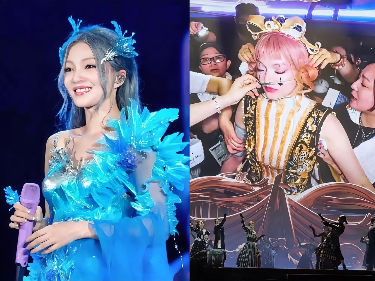 这张图片越看越让人心里五味杂陈。一边是张韶涵身着冰蓝色华丽舞裙，笑容灿烂耀眼