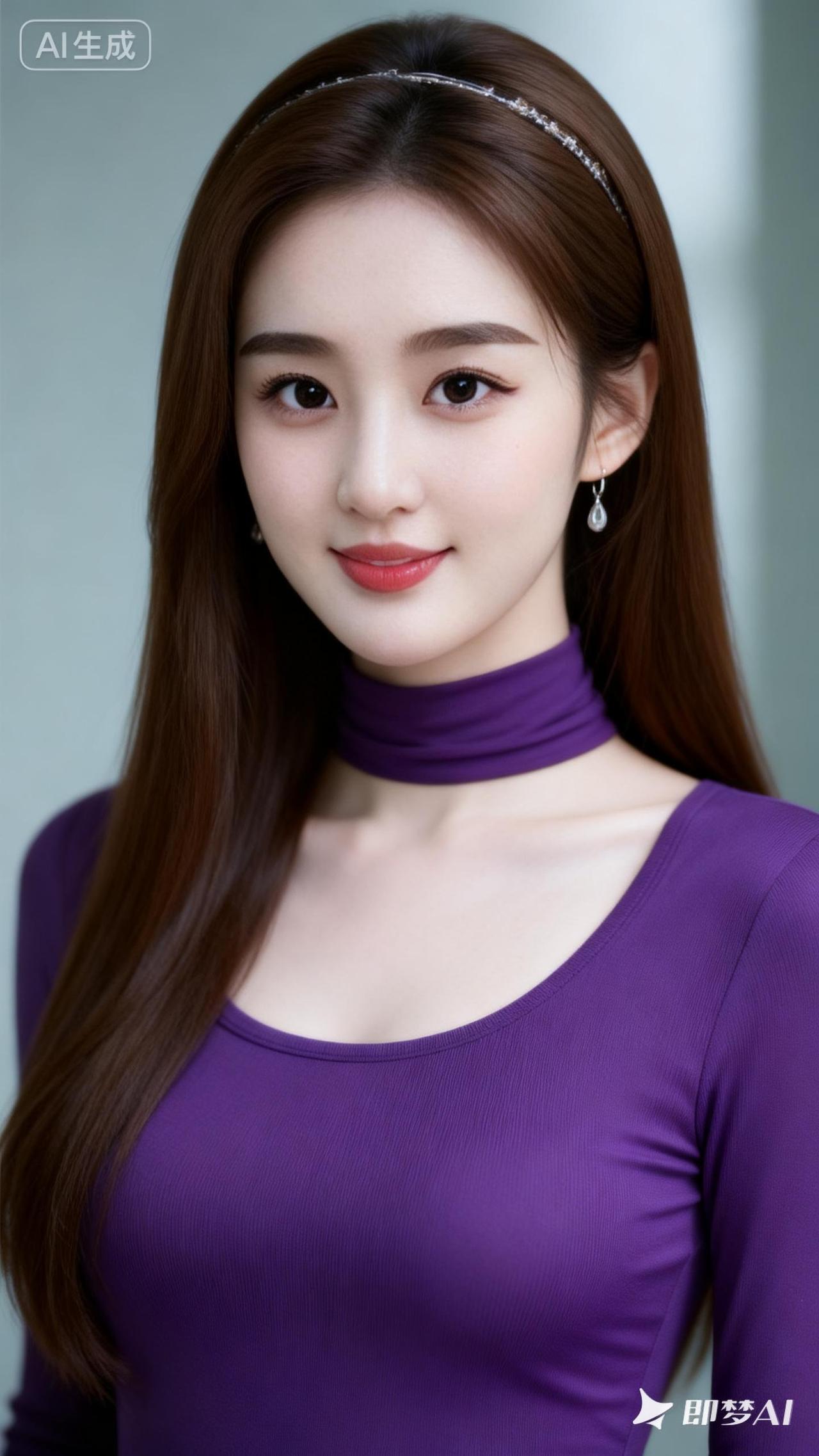 一位符合东方美女学姐的20岁女神形象，古典发髻，简约头饰，耳坠。着紫色紧身