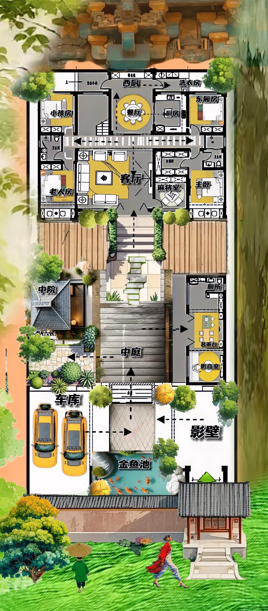 合院自古都是白配绿，素色系搭配是权威，极致东方美，还得看695㎡布局！院子比