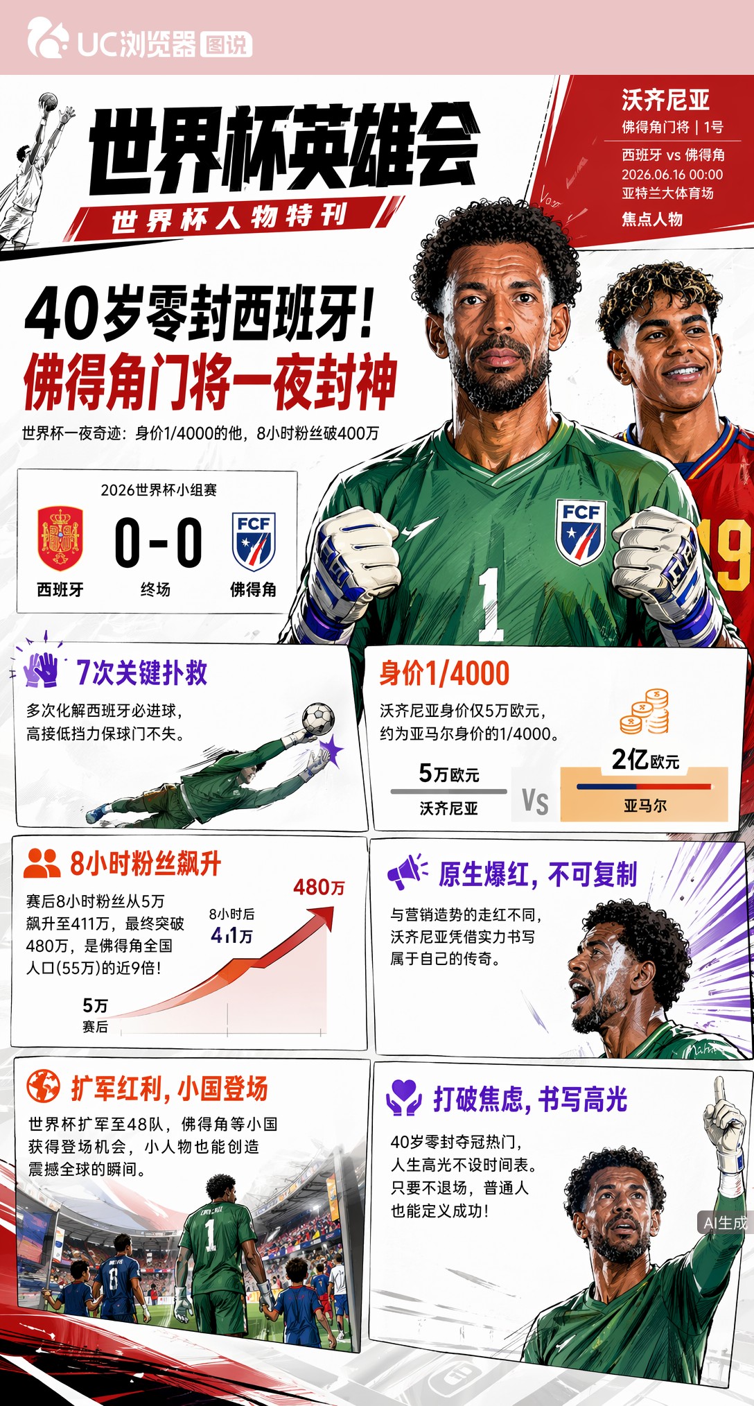 40岁零封西班牙！佛得角门将身价1/4000，8小时粉丝破400万