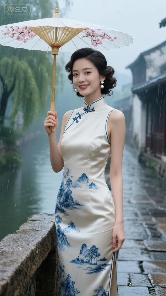 原创七绝●江南雨景/古韵雨下风吹绿柳垂，佳人举伞笑容知。江南韵味人陶