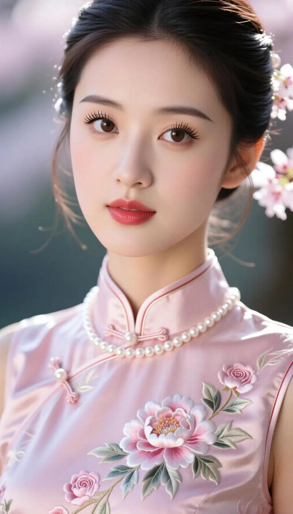 温柔古典的东方美人，粉色旗袍与珍珠项链相得益彰，尽显优雅气质。