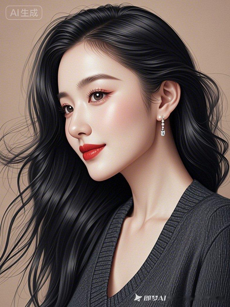 温柔黑发少女，甜美红唇，梦幻AI生成！
