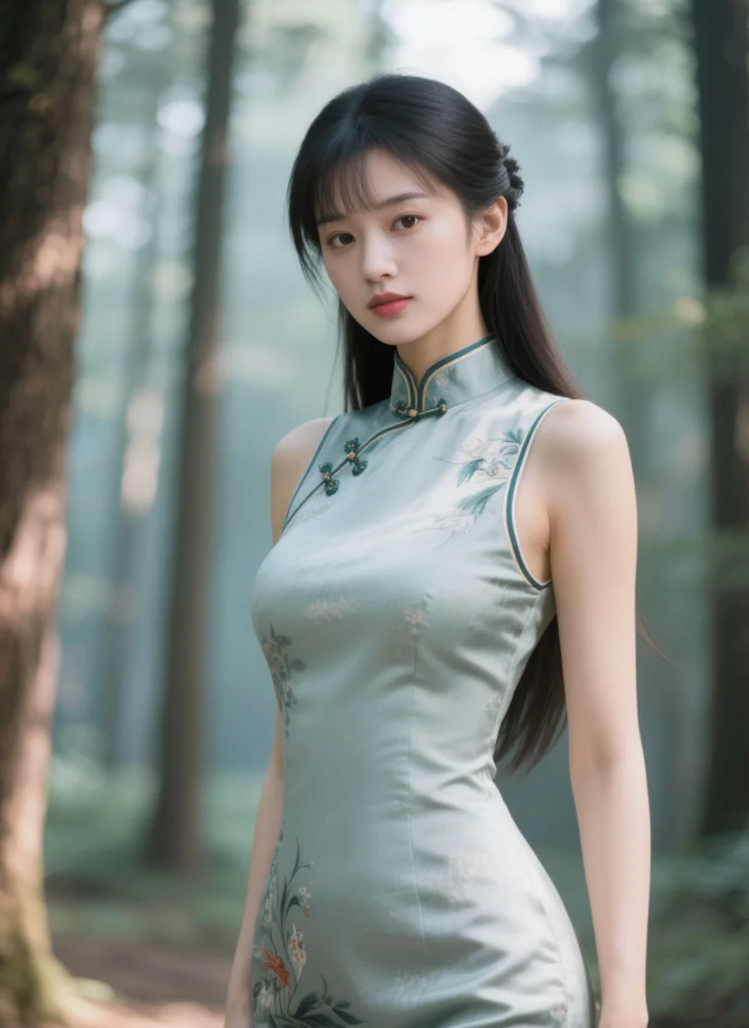 裙摆上的星光闪烁，与湖面上的波光相互辉映，她的眼神空灵而神秘，仿佛来自另一个世界。