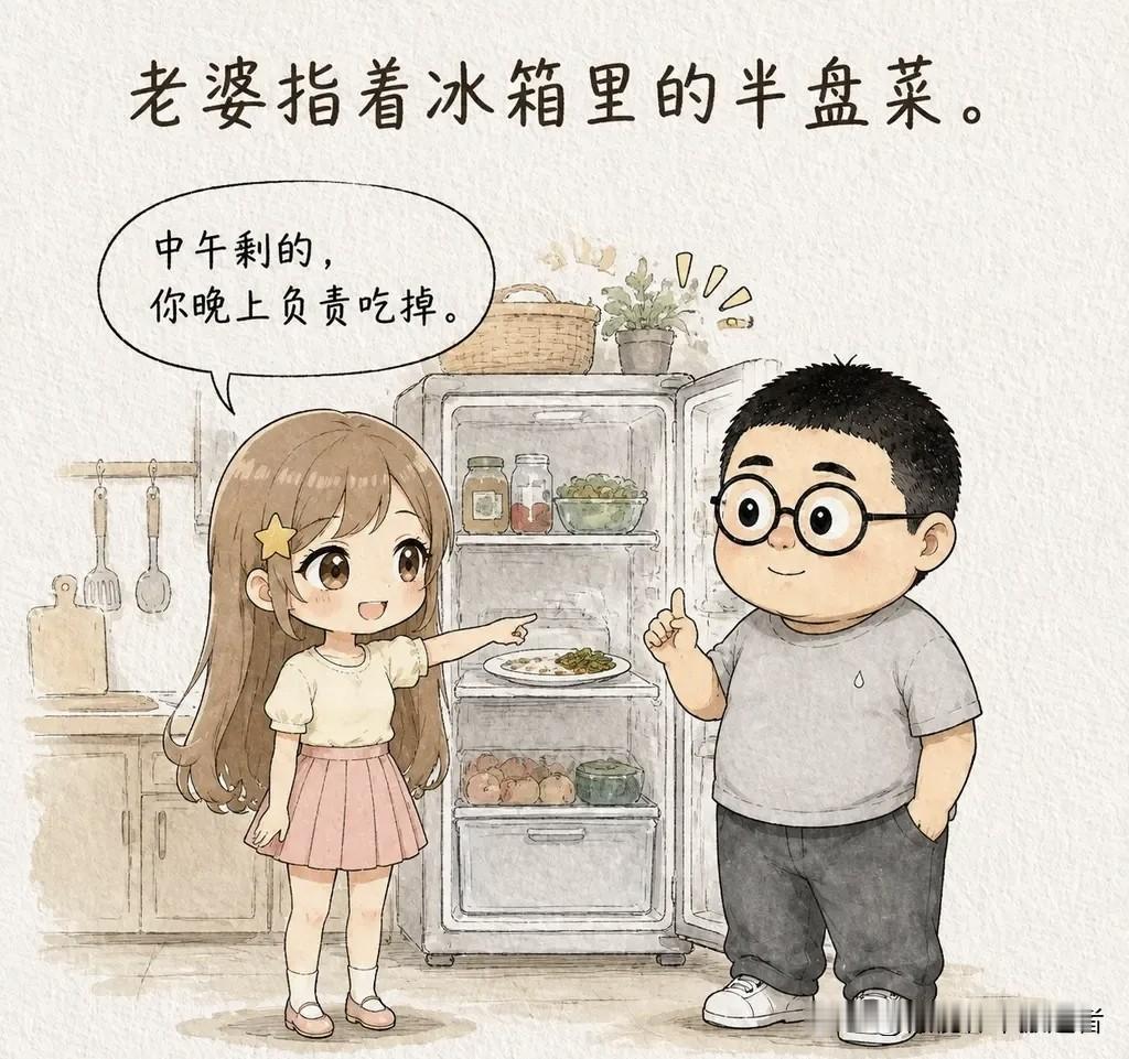 趣味漫画：老婆指着冰箱里的半盘菜。「中午剩的，你晚上负责吃掉。」老公点头，「没问
