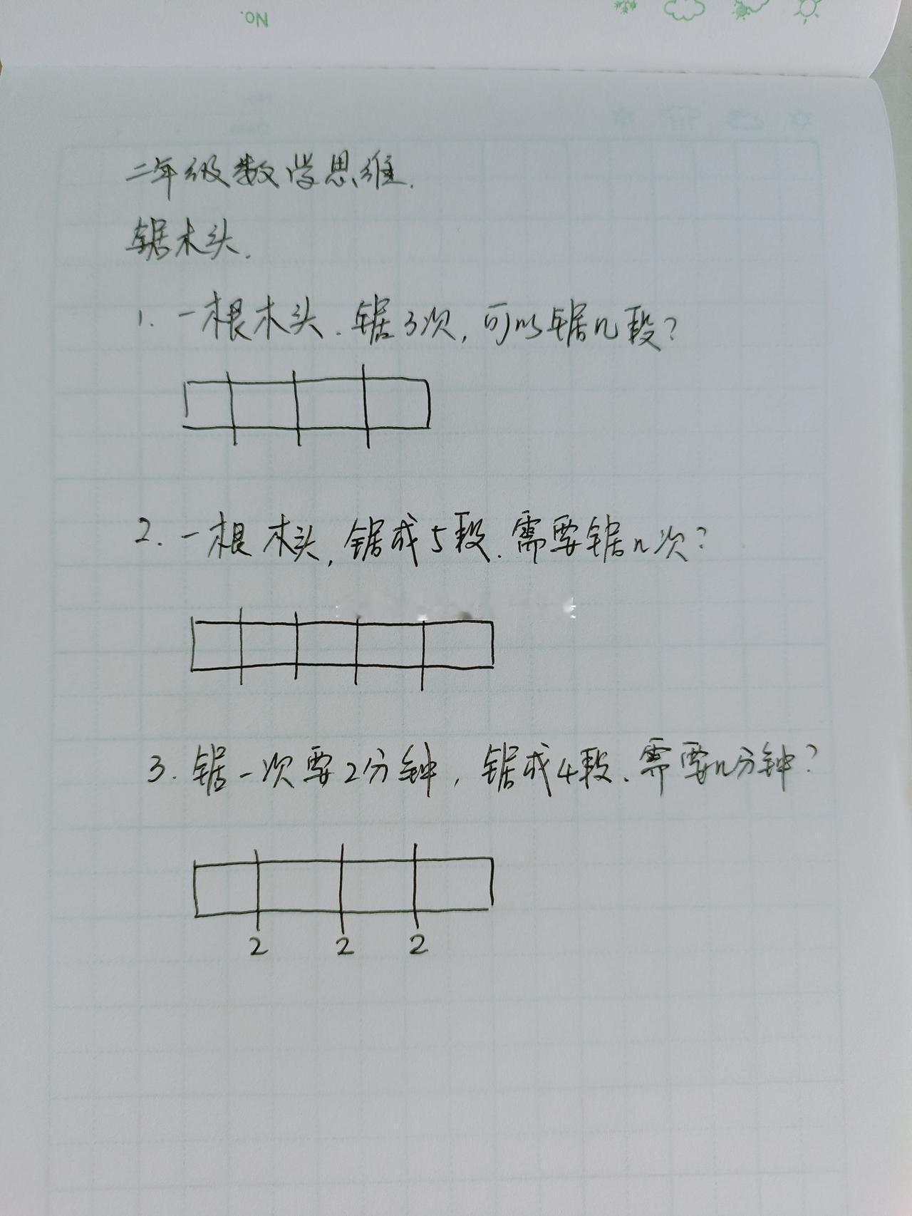 锯木头思维题，把孩子锯懵了二年级锯木头问题，把孩子锯懵了一段木头，锯了几次，能