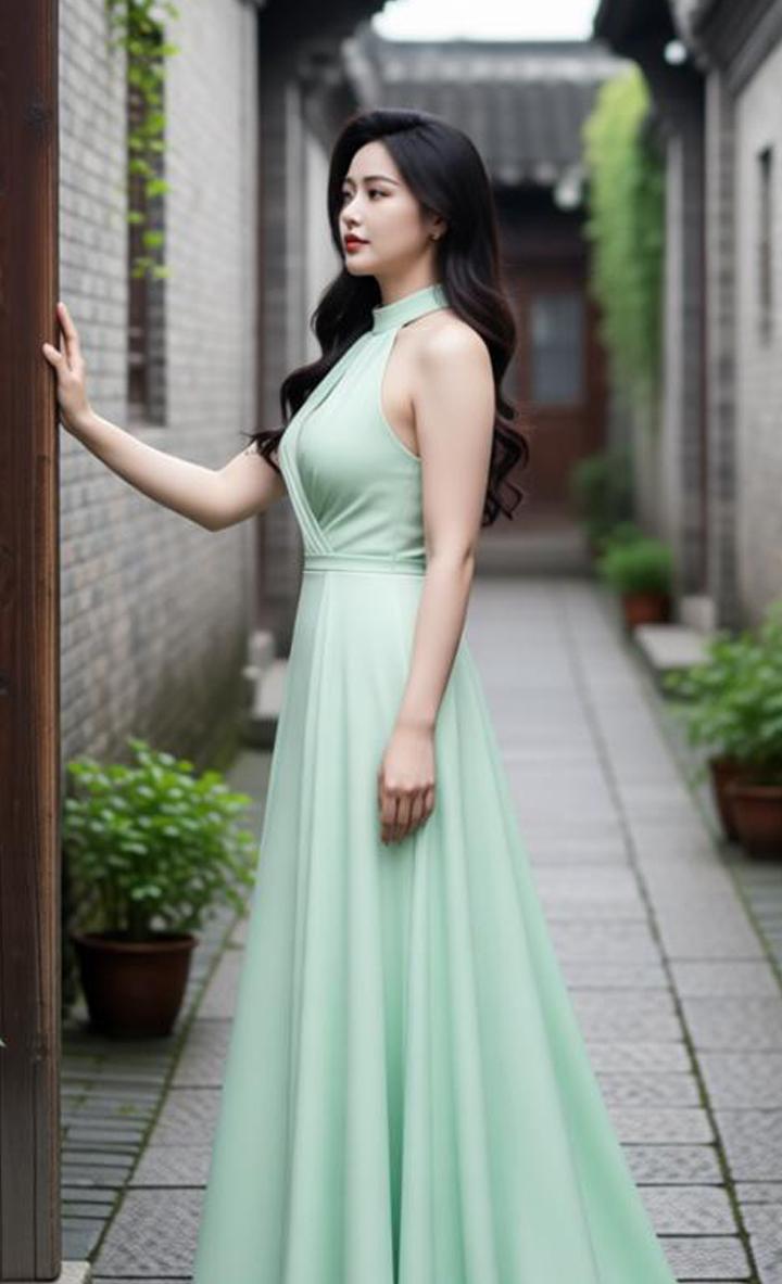一袭浅绿挂脖长裙的顾以宁，静倚墙畔，发丝在风里漾开温柔的弧度。衣料垂落的线条，与