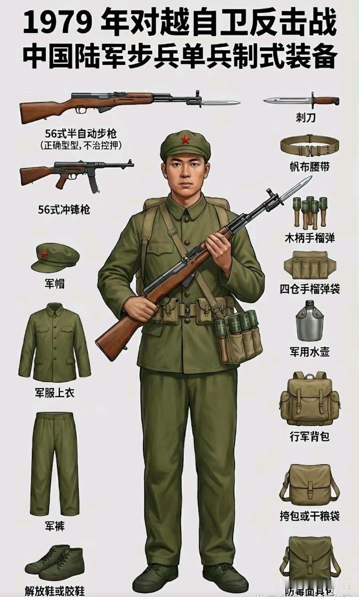 这是1979年对越自卫反击战中，中国陆军的个人单兵武器装备。可以看到，当时我军