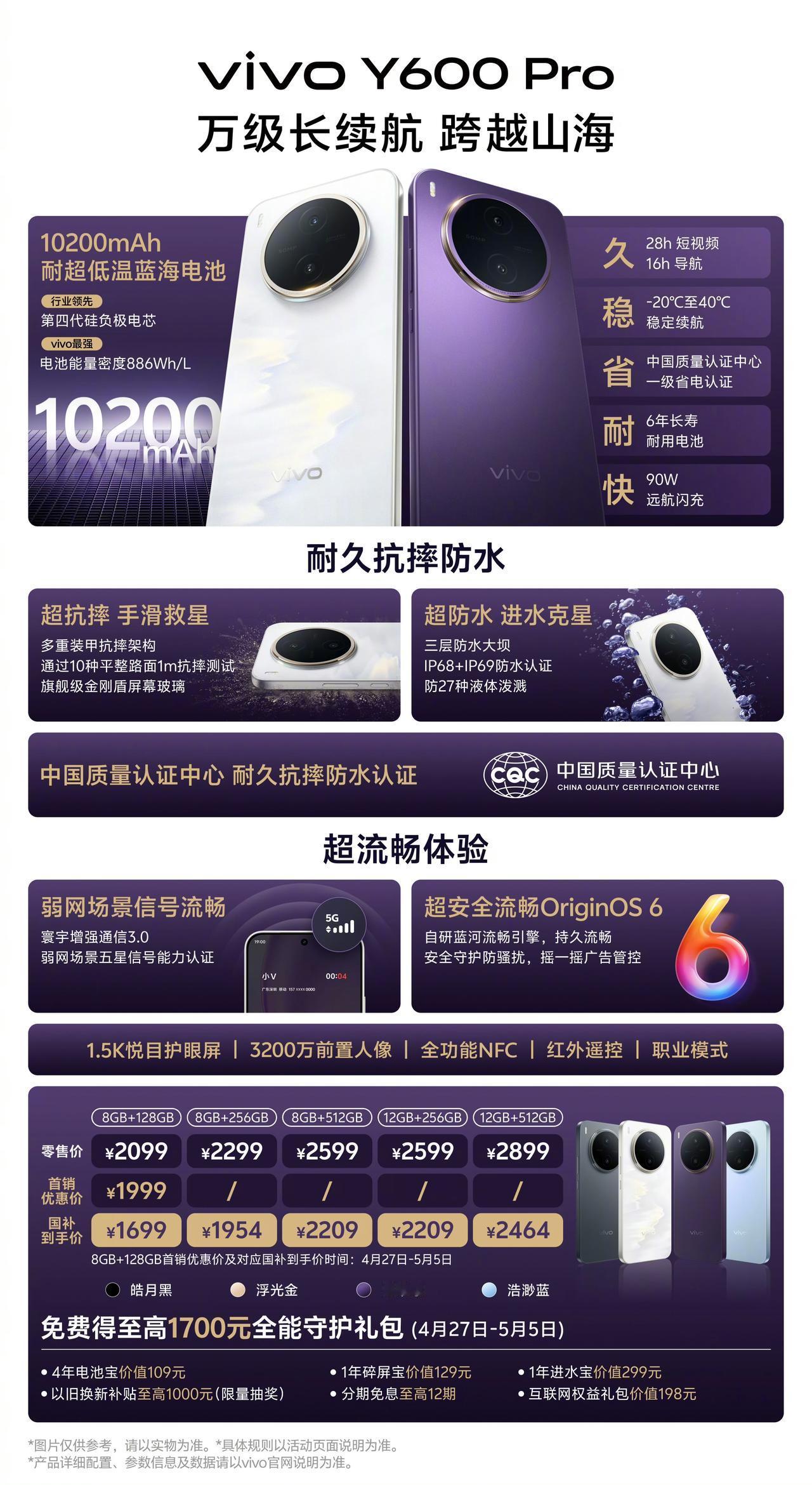 1999元起，vivoY600Pro发布，搭载万级大电池8+128GB：1