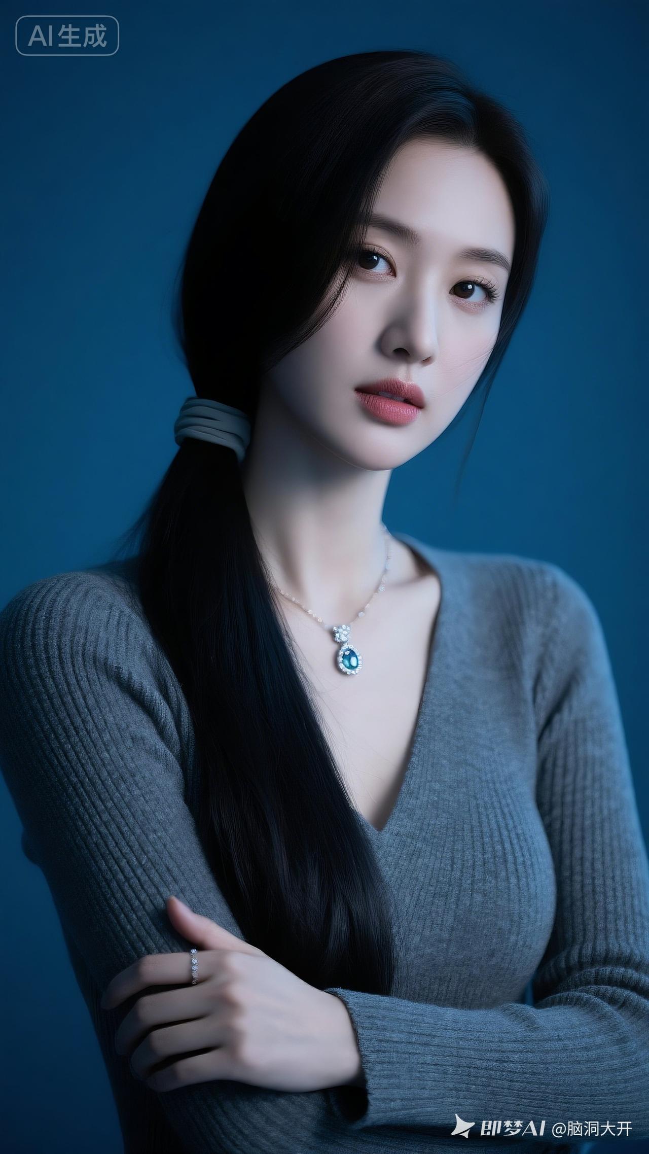 御姐超长秀发一缕束于身前，侧脸特写清冷落寞慵懒微醺，狭长凤眼含情带故事感，冷白皮