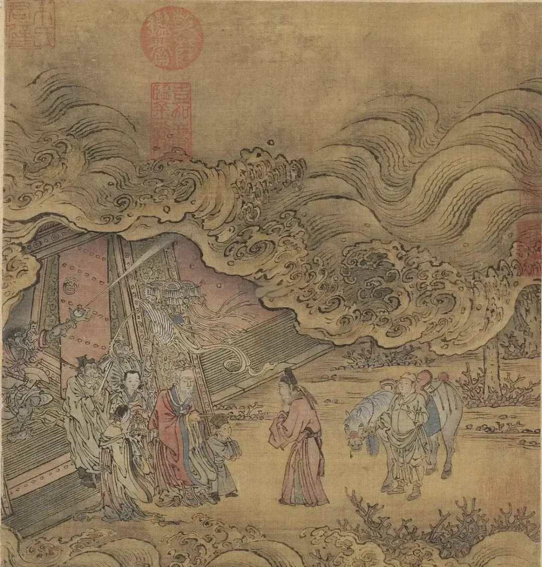 元朱玉《龙宫水府图》（藏北京故宫博物院）取材自唐人小说《柳毅传》，描绘柳毅下马
