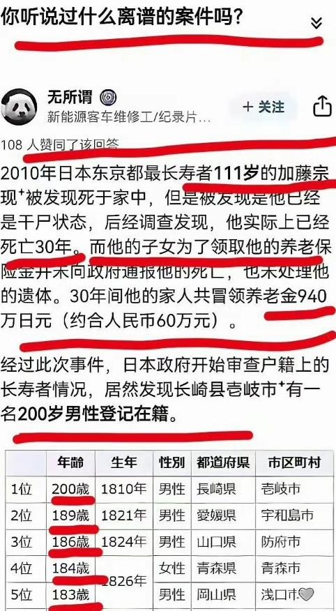 经常在网上看到精日吹小日子寿命长，普通人活到100多也不算很难的事情。现在这个谎
