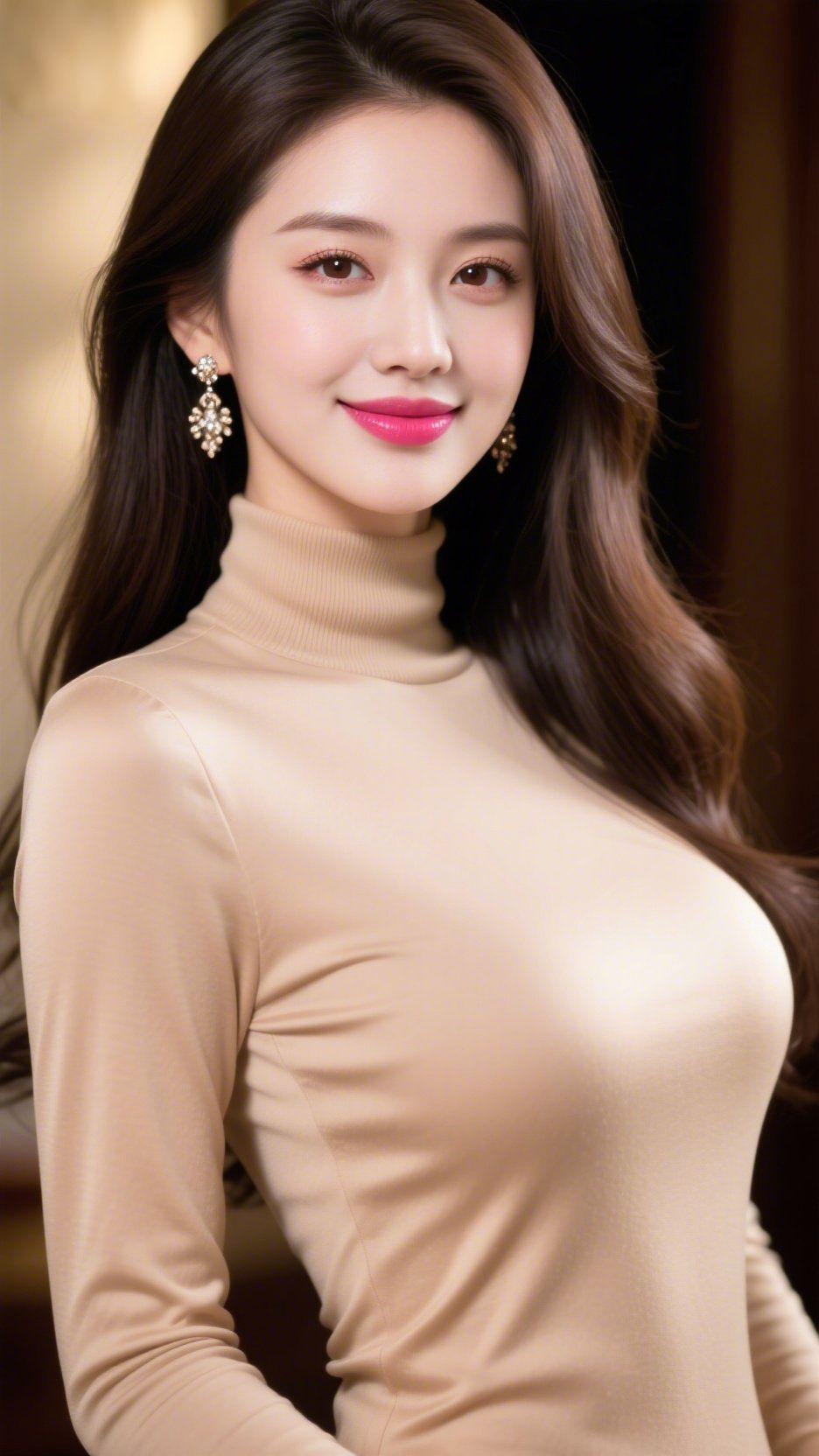 《暖棕里的温软》浅棕高领衫裹着细腻的质感，领口妥帖地贴合肩颈，衬得神情愈发