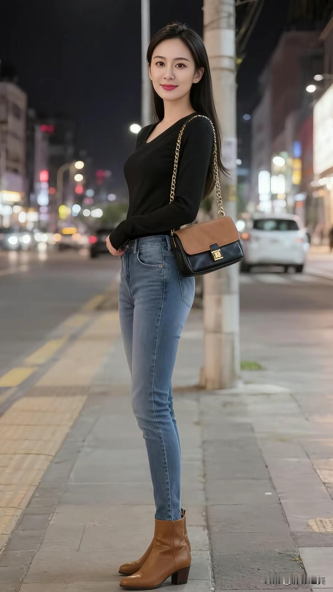 黑上衣配牛仔裤，焦糖色短靴+拼色包包点睛，随性又精致。