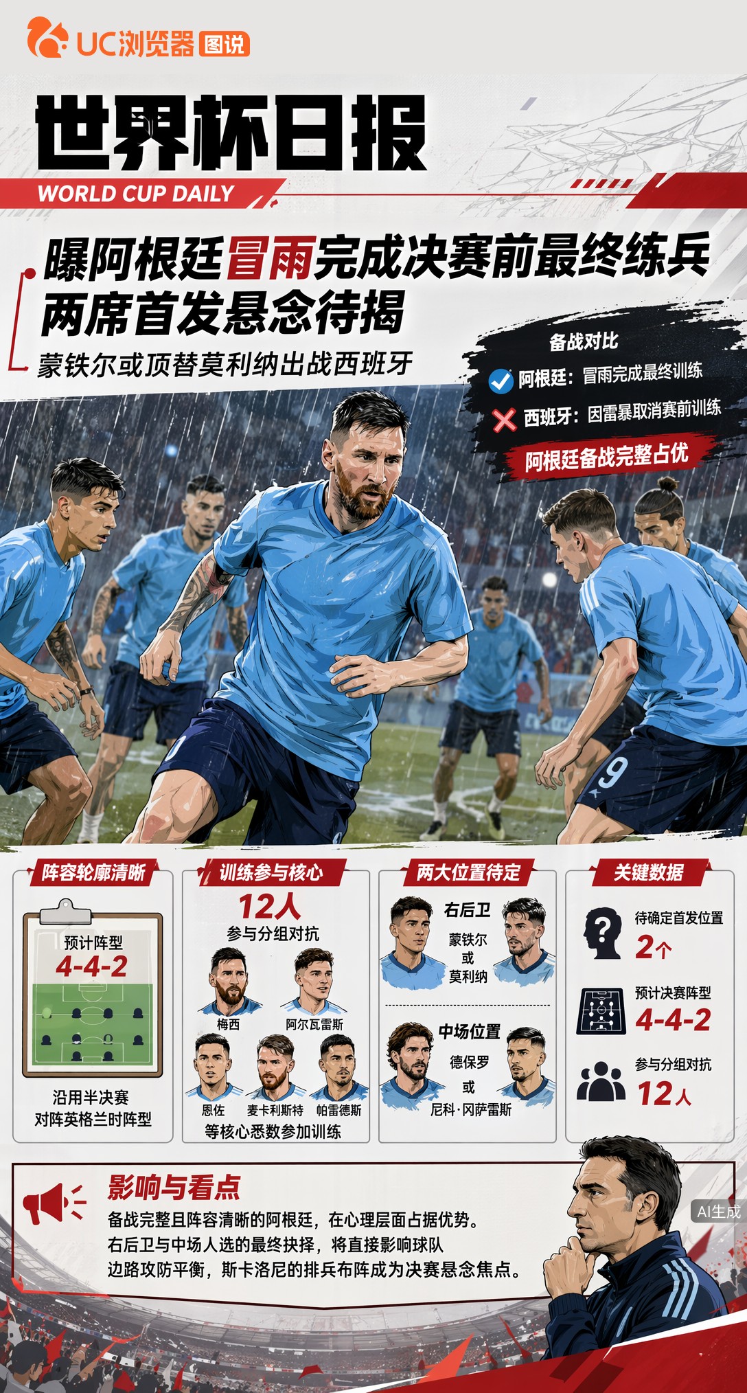 曝阿根廷冒雨完成决赛前最终练兵，两席首发悬念待揭