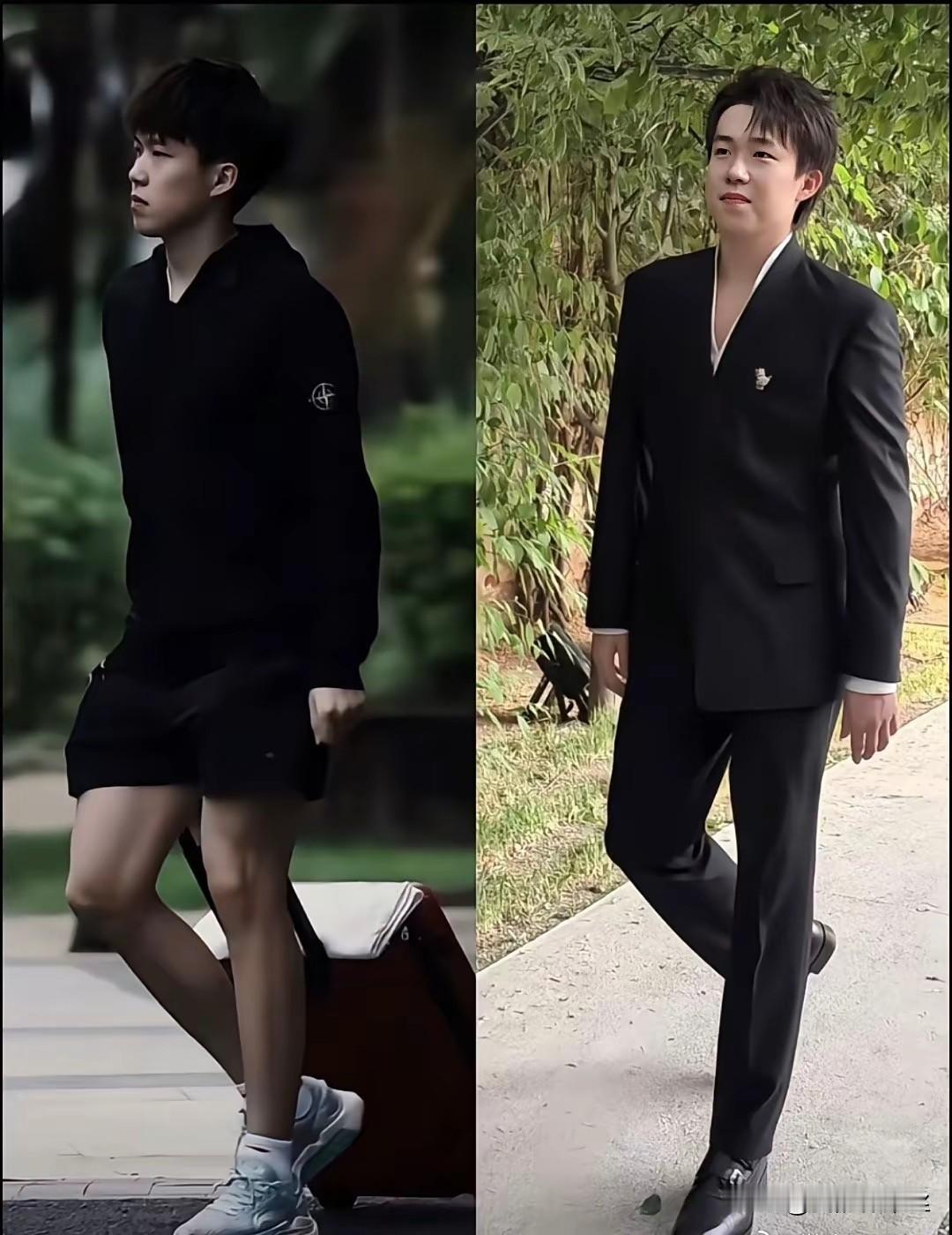 莎莎没回河北休息，还穿着西装和王励勤参会去了！莎莎穿西装帅起来，可就没她哥什么