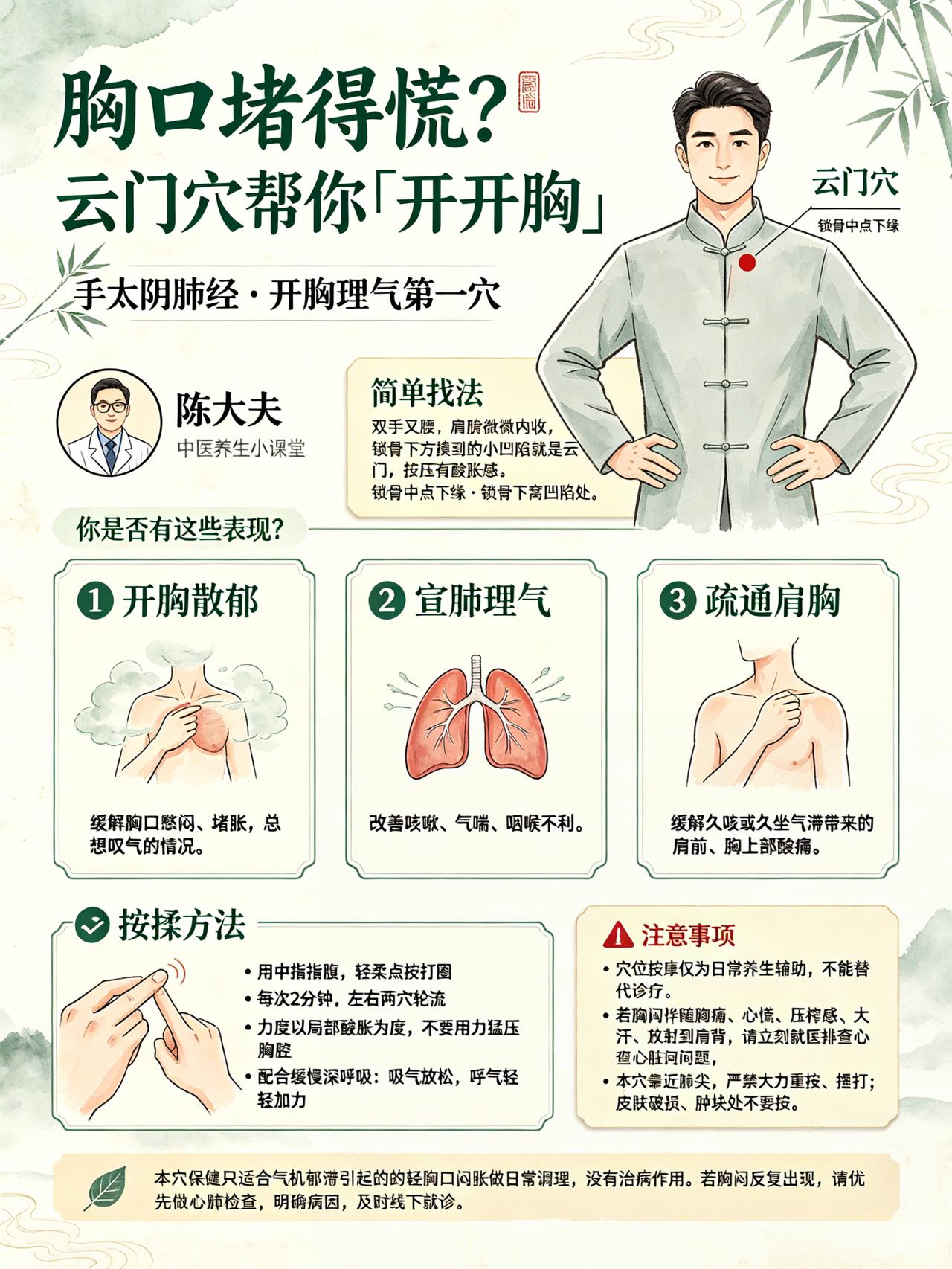 胸口堵得慌？云门穴帮你“开开胸”大家好，我是陈大夫！不少朋友总感觉胸口发闷