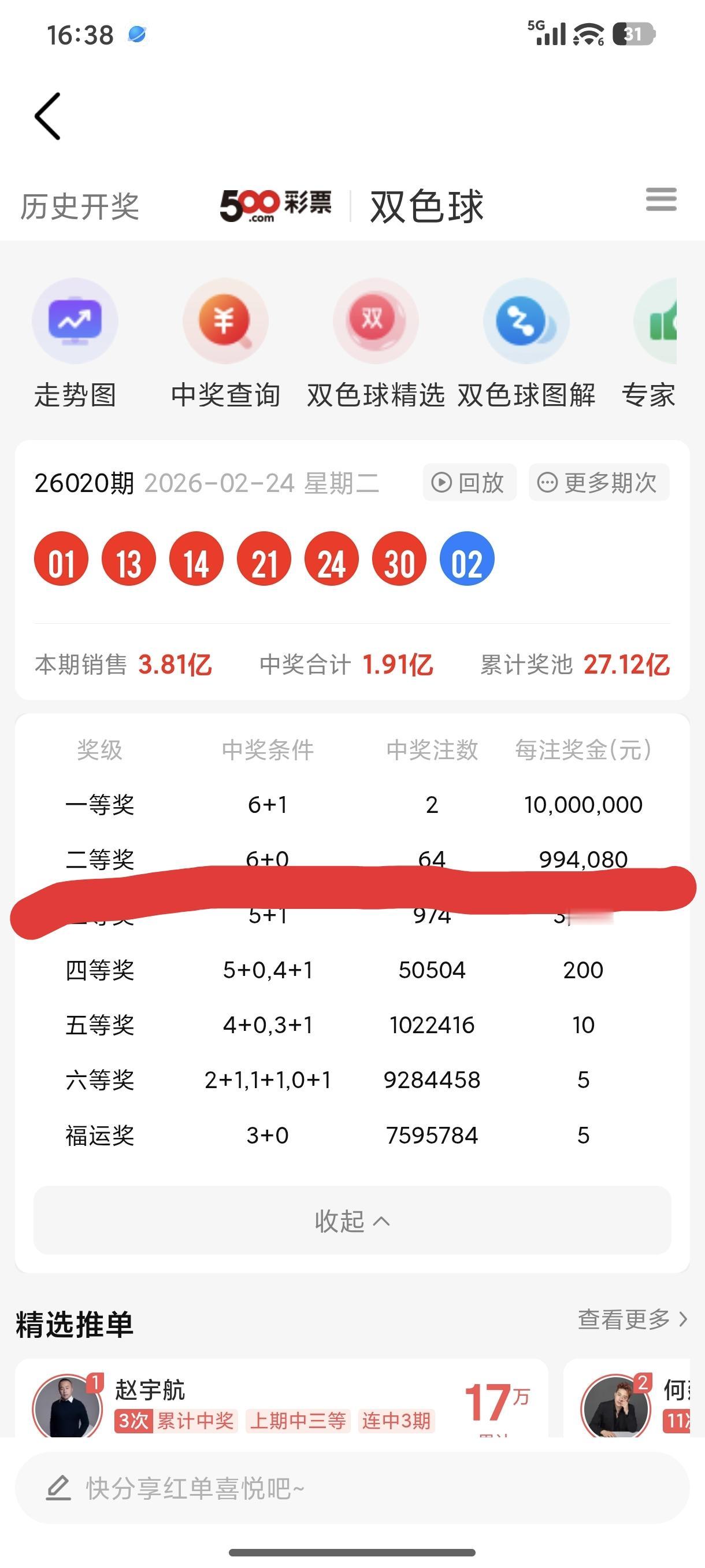 [呲牙笑]昨天初八，正式开工，双色球年后第一次开奖就震惊全场，二等奖奖金居然有99