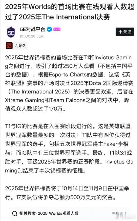 隔壁的IG打T1，焦点之战啊，超过250万人同时观看！比TI决赛观看的人数还要多