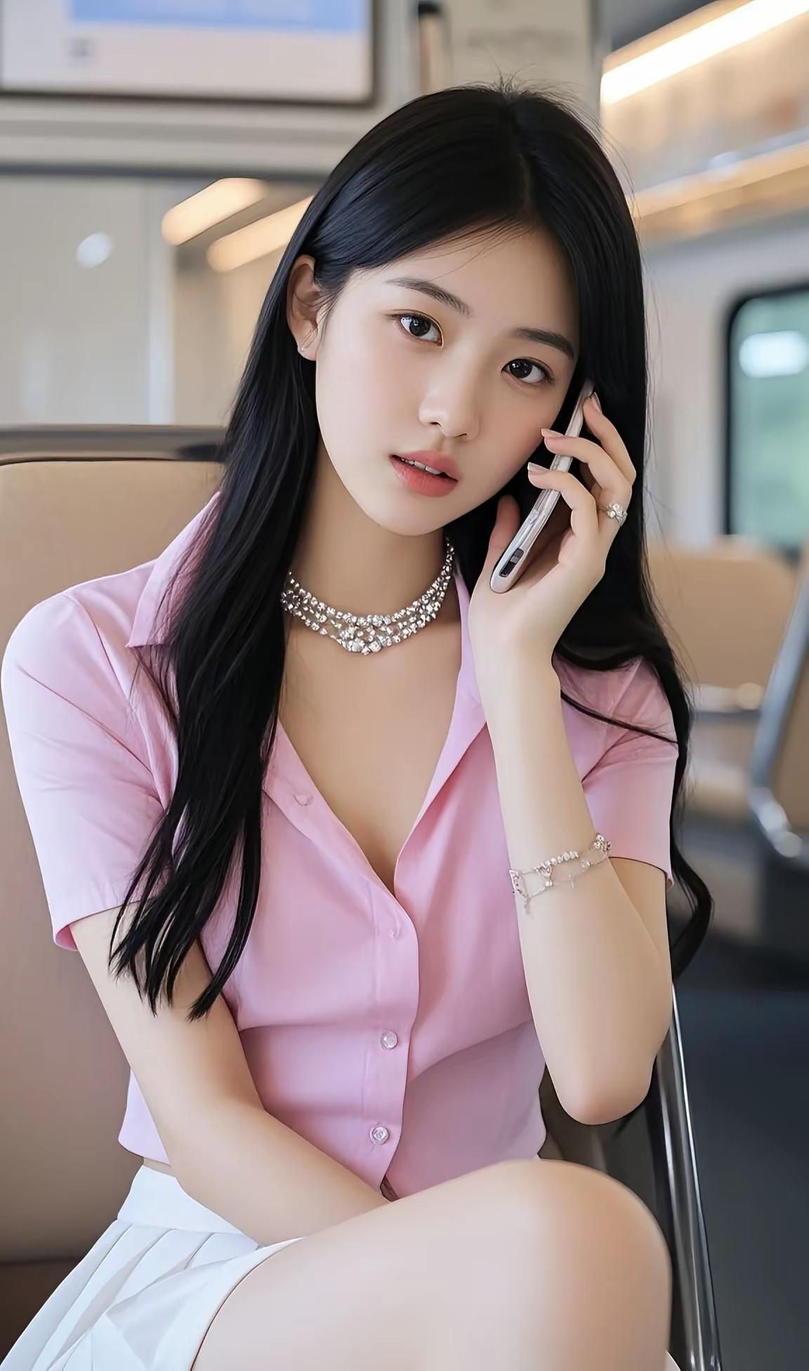 优雅通勤风，粉色衬衫搭配珍珠项链，元气满满的一天！💕📱