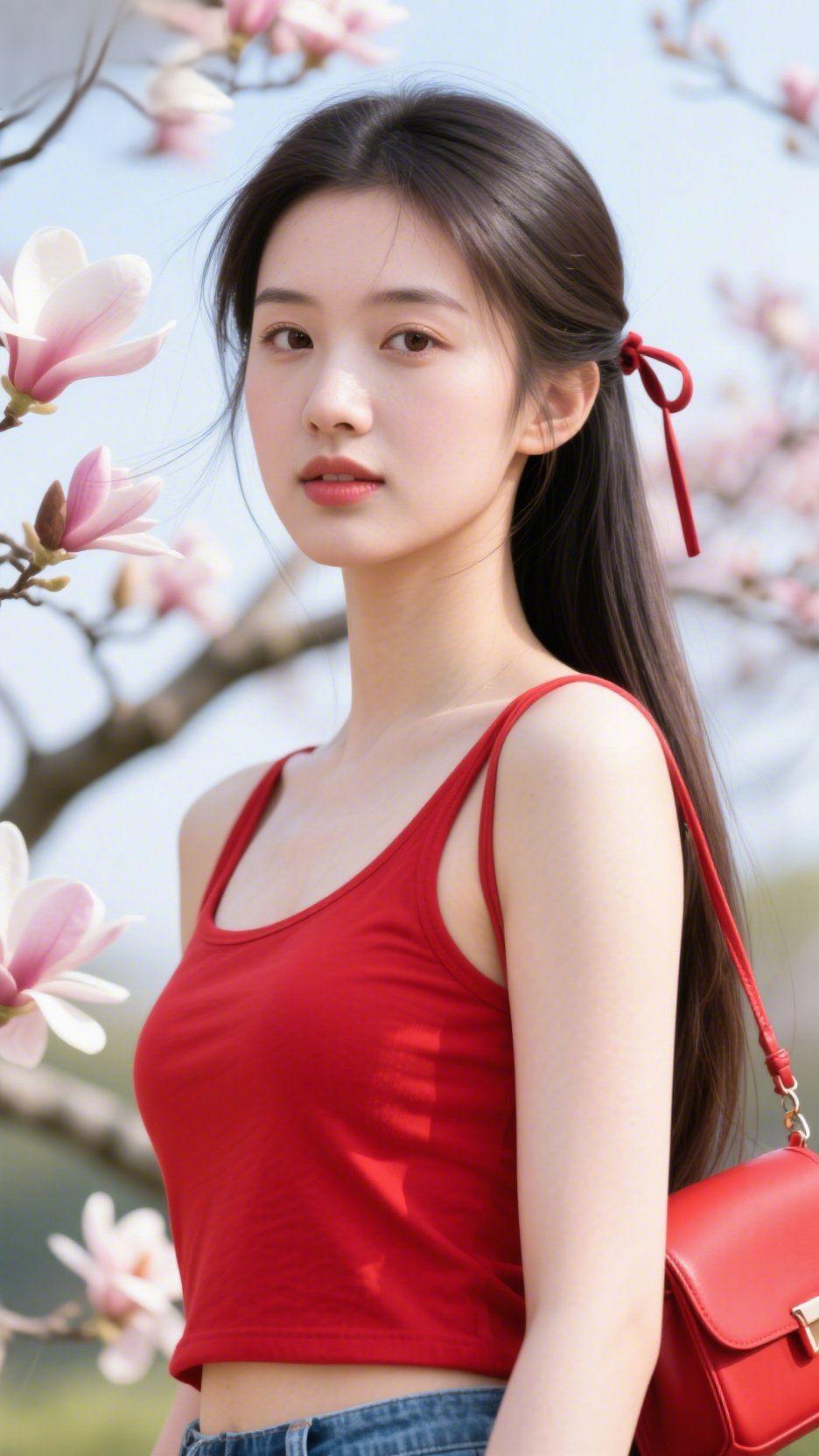 红衫遇春芳玉兰轻绽在春风里，一抹红衫撞进浅粉的花影，像揉碎的暖阳，裹着春日