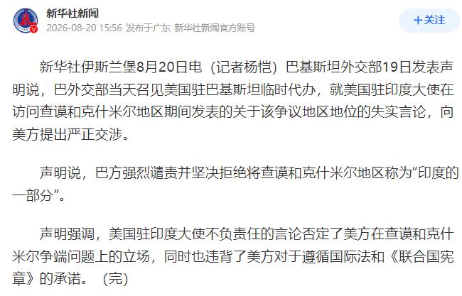 彻底翻车！美国大使乱表态，直接惹恼巴基斯坦，自己老立场都被推翻。事情的起因：