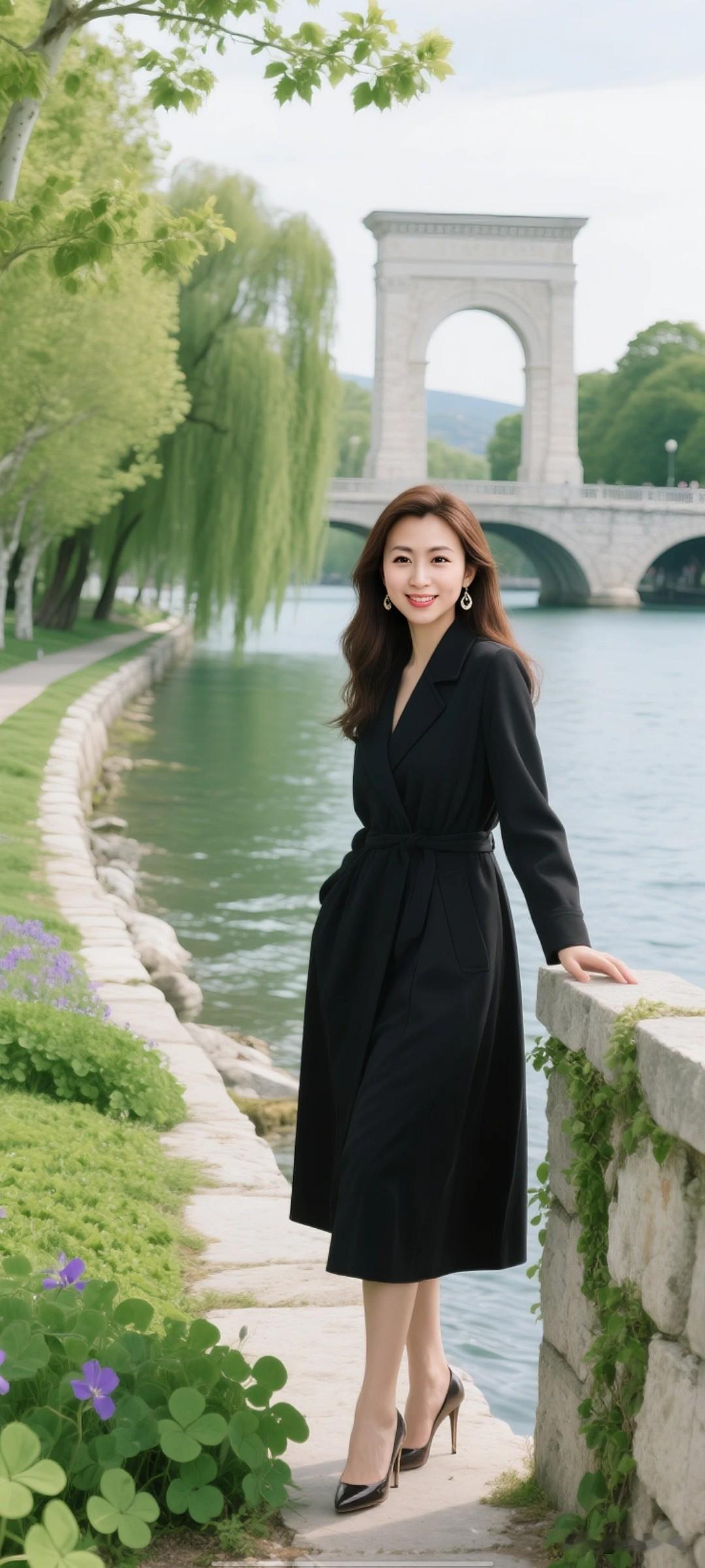 背景斯科普里的瓦尔达尔河畔绿堤，近景的河堤步道旁，茂密的白杨树叶呈浅绿，叶片在风