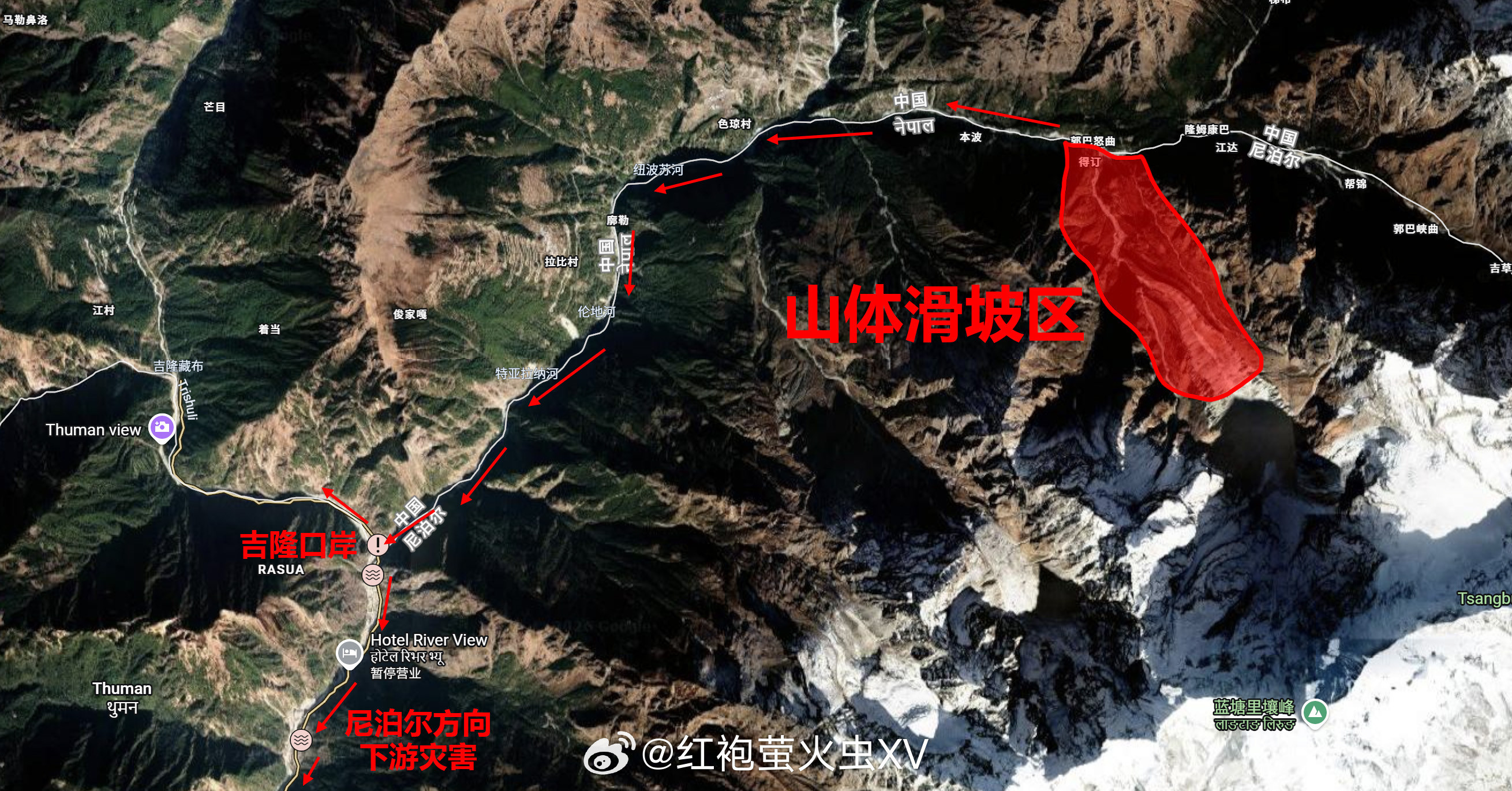 西藏泥石流尼泊尔北部山洪致近400人失联根据PlanetLabs发布的最