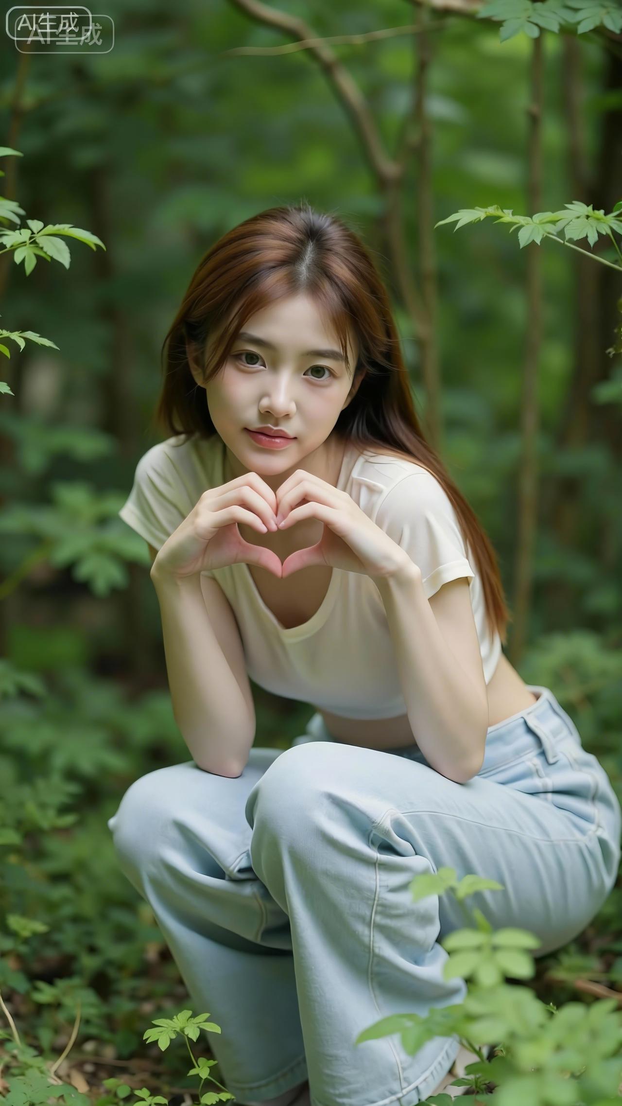 林雾裹着软光，白衫碰了浅蓝裤的甜，指尖叠出心型的暖