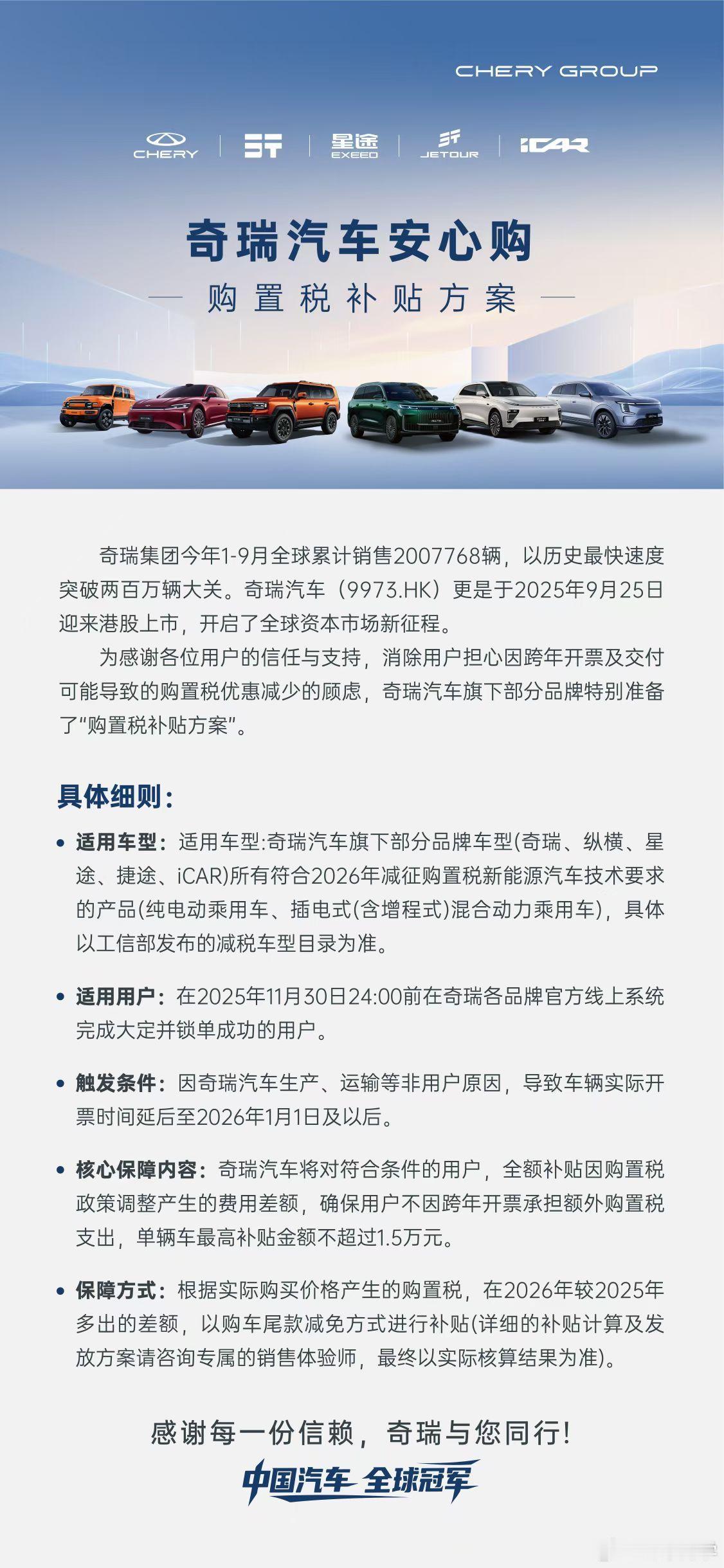 奇瑞也跟进了购置税兜底补贴,包括奇瑞、纵横、星途、捷途、iCar品牌。最高补贴