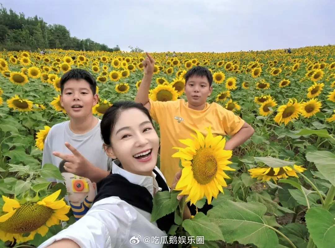 王媛可中秋带家人看向日葵，双胞胎儿子又胖又高，父母出镜好年轻！​​​