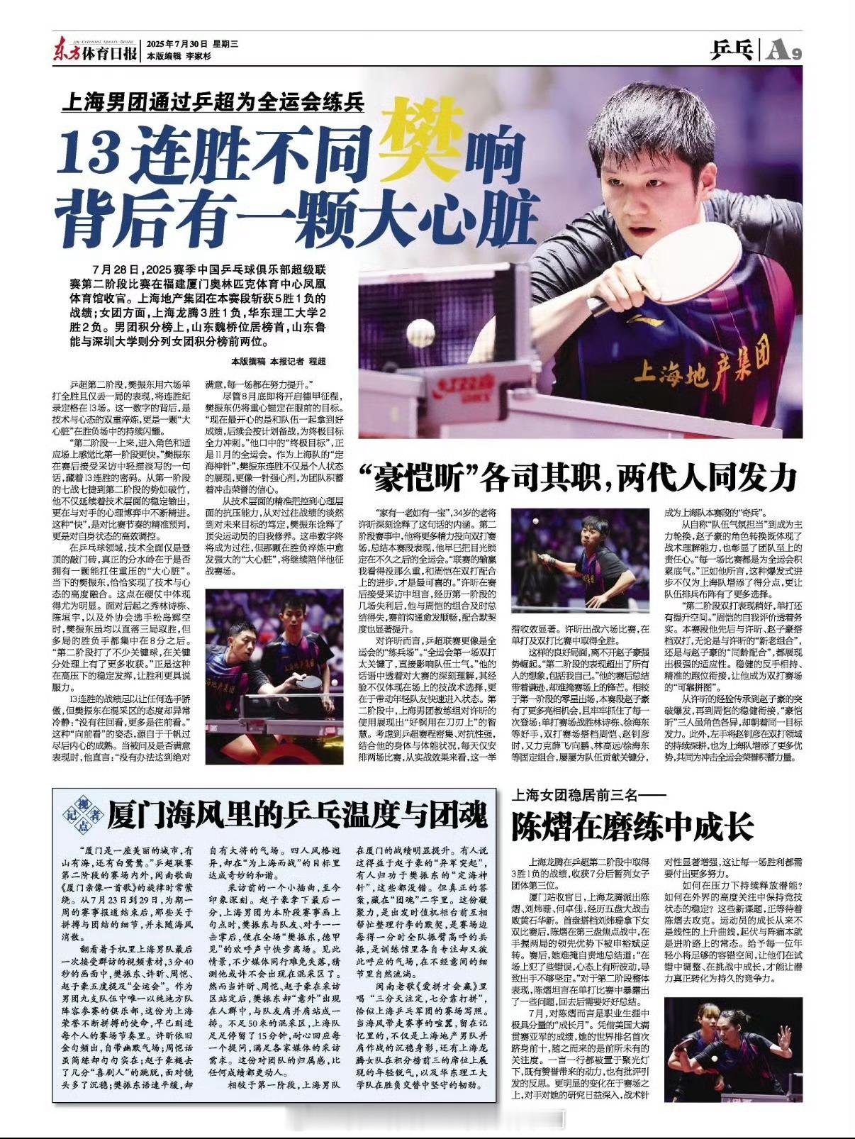 乒颜一📰【20250730东方体育日报】✍️上海男团通过乒超为全