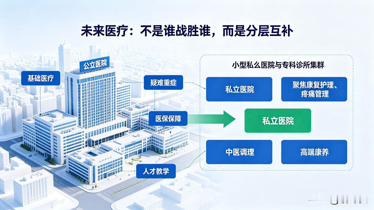 国内医疗格局早已定调，私立永远不可能取代公立。公立医院手握财政、医保、人才、公信