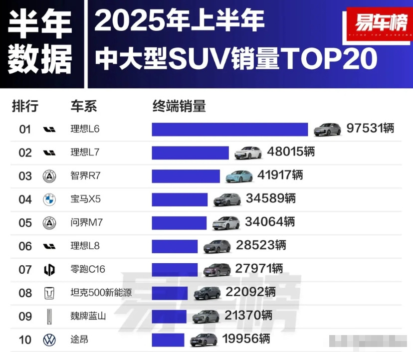上半年中大型SUV销量前10车型。理想L6以97531辆的规模排名第一，比第