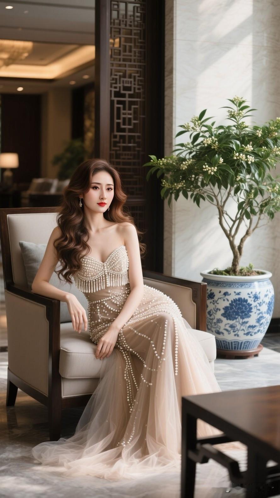 珍珠抹纱礼服✨浅杏色网纱温柔到骨子里，满身珍珠钉珠华丽又高级💫抹胸流苏设计