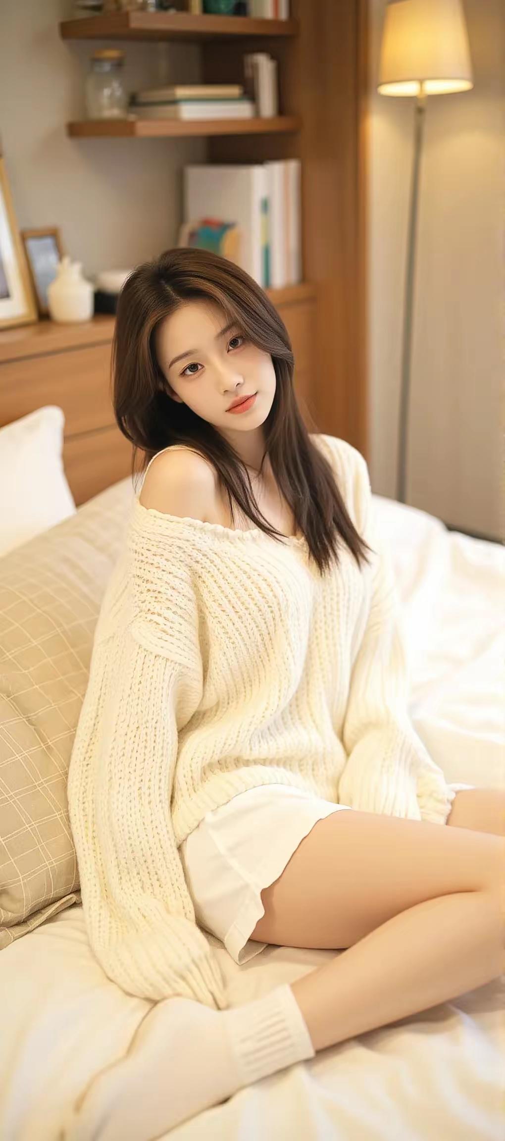 温暖冬日，慵懒午后，白色毛衣与毛绒绒的床，少女心满满！🌟💖网络美少女穿搭分享