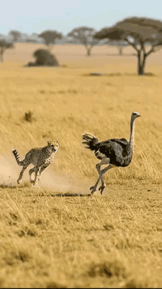 第一次看到鸵鸟张开翅膀，逼急了杀个“回马枪”，猎豹也是威风倒地。