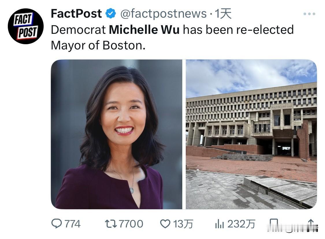 昨天美国波士顿现任民主党籍华裔女市长吴弭（MichelleWu）在没有竞争