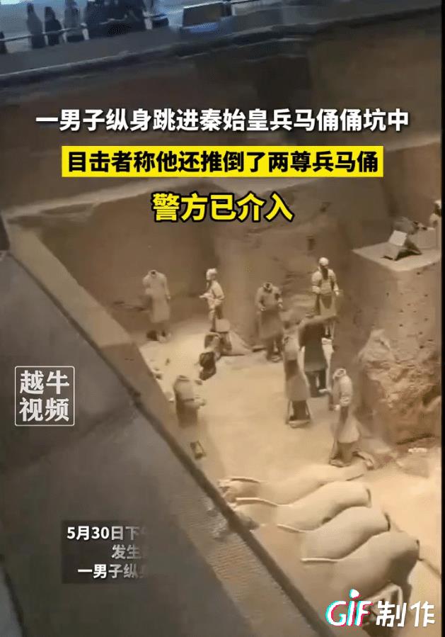 “这人推倒两个兵马俑”一男子参观兵马俑期间突然翻越护栏跳入兵马俑坑，随后推倒两个