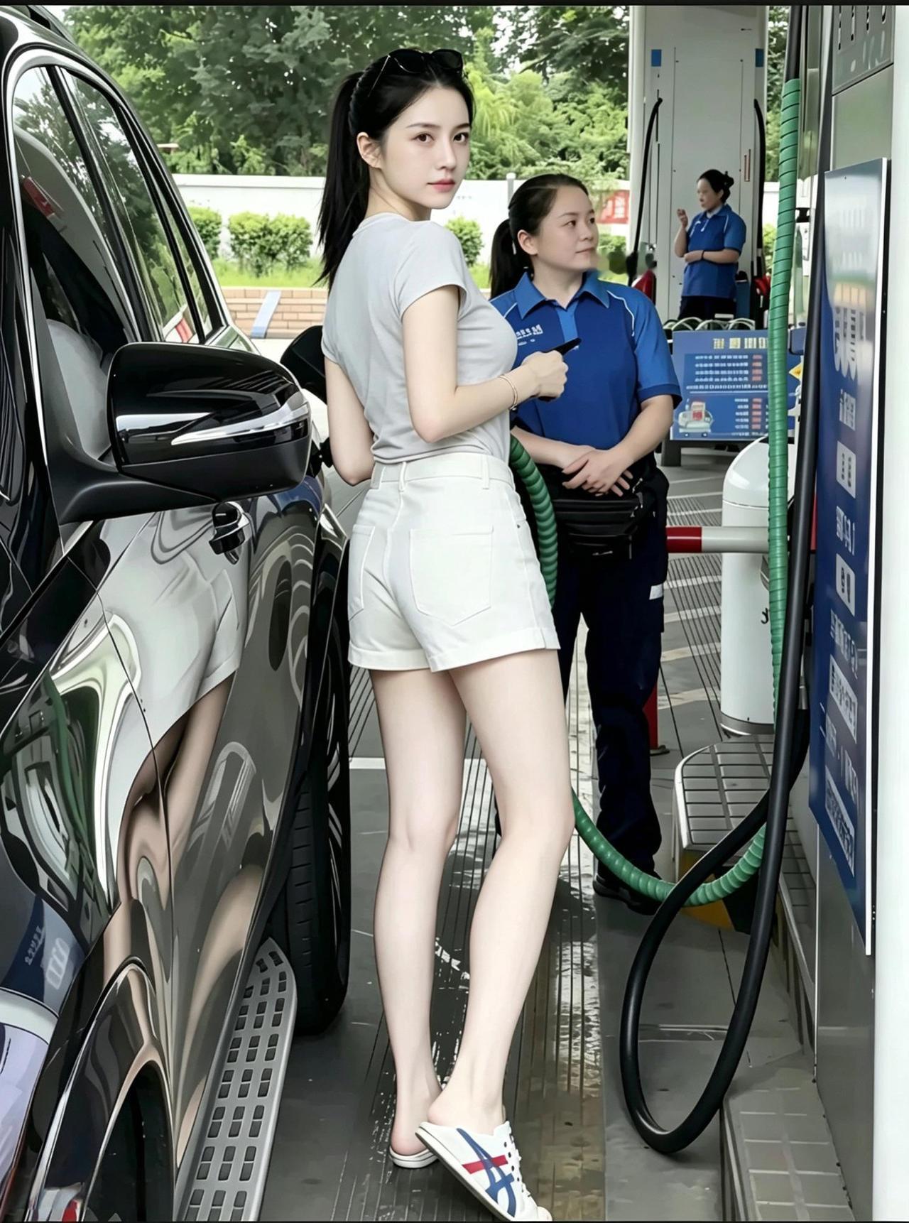 图中这位外貌极为出众的姑娘正在给自己的越野车加油，她说自己的英文名字叫“塞蕾娜”