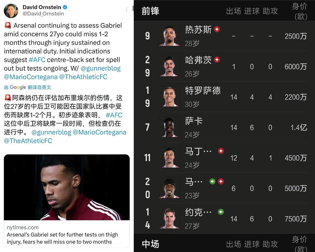 难道阿森纳真没有冠军命？核心球员加布里埃尔又伤停2个月，这伤病情况还是让娜娜的阵