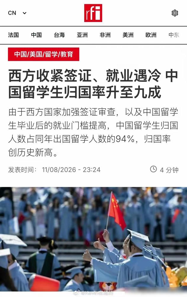 最新报道显示，现在中国留学生归国率已经接近94%。真的作为前几年跟风留过美的