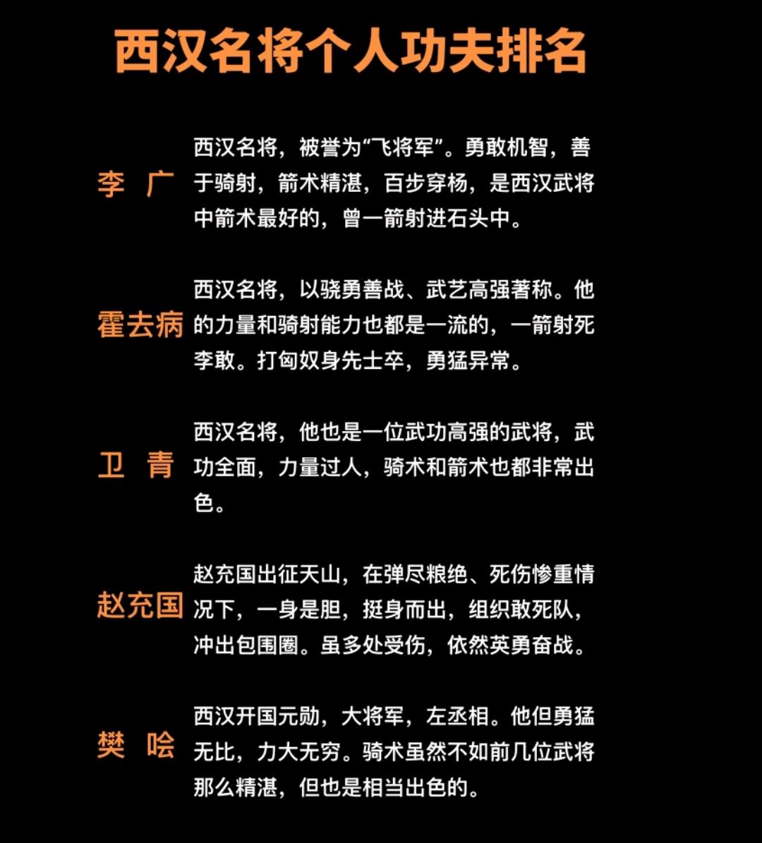西汉名将个人功夫排名！