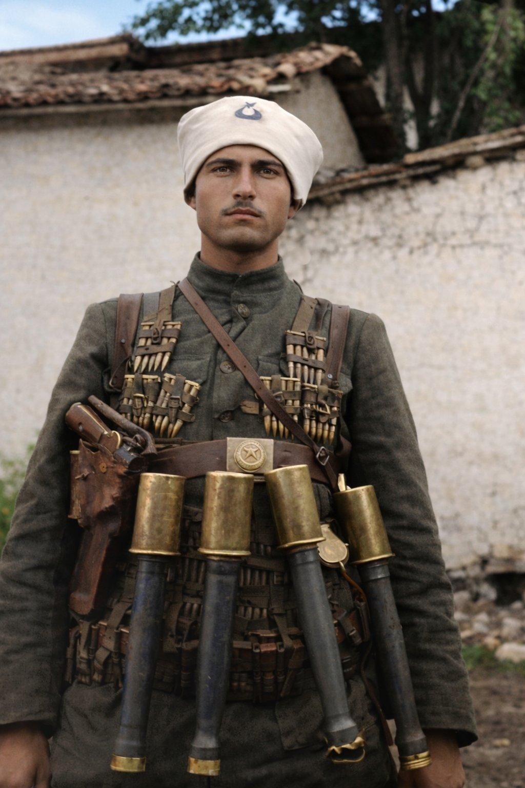 照片中一名土耳其士兵佩戴着弹药带和手榴弹，在1921年萨卡里亚战役前自信地摆