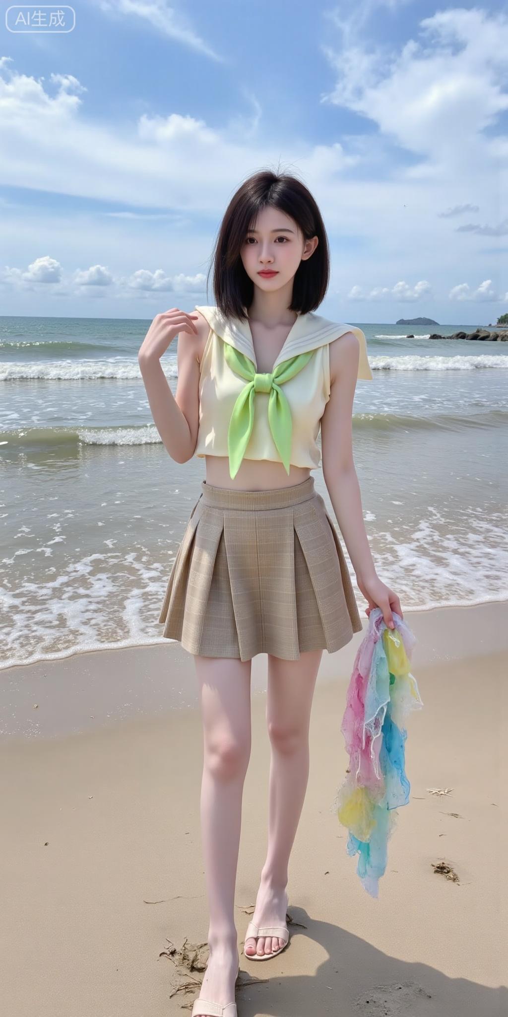 浪尖裹着海风的咸，奶黄水手衫碰了绿领结的甜，格裙晃过沙岸的软。连纱巾都浸着夏海的