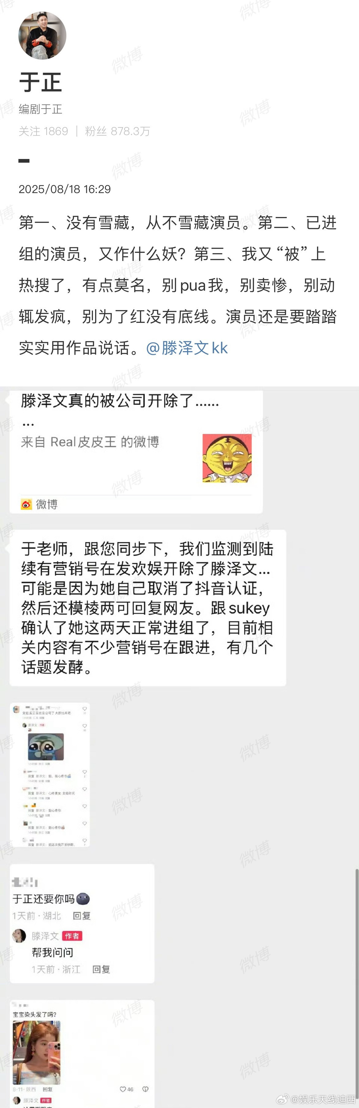 从头到尾女生说的都是于正不要自己了（图3图4），网友自己脑补的雪藏[doge]这下