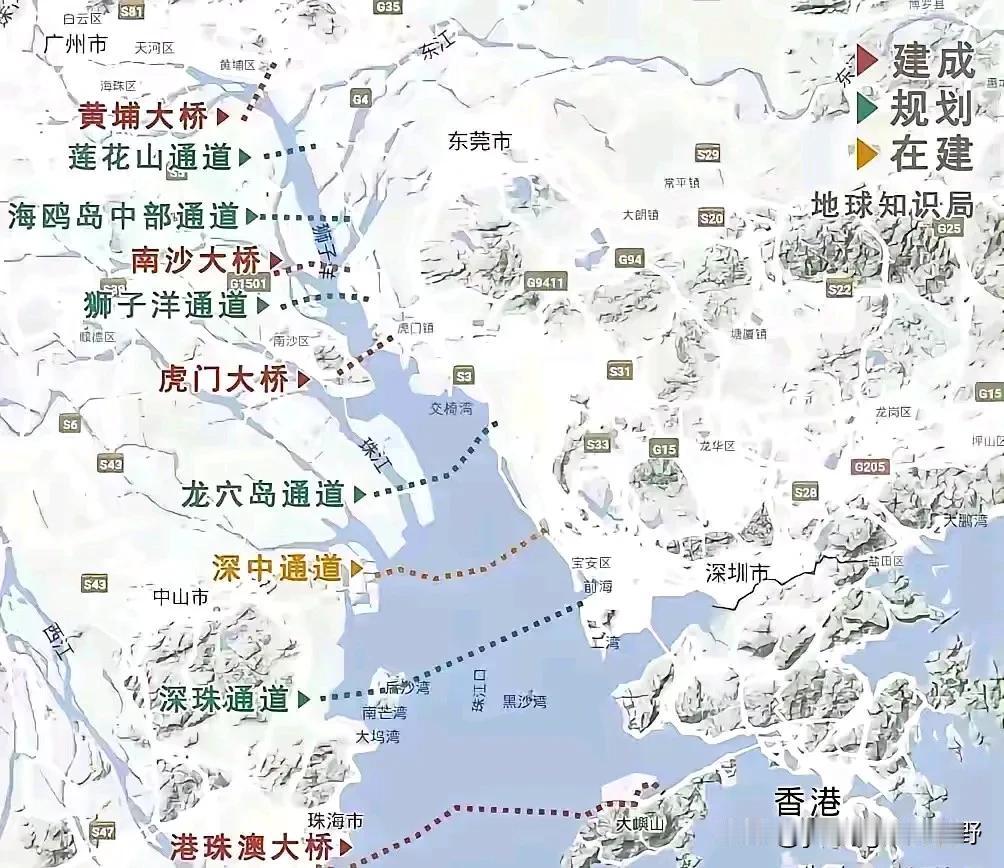 规划中在未来将有10条交通要道联通珠江口两岸。目前已经有黄埔大桥，南沙大桥，虎门