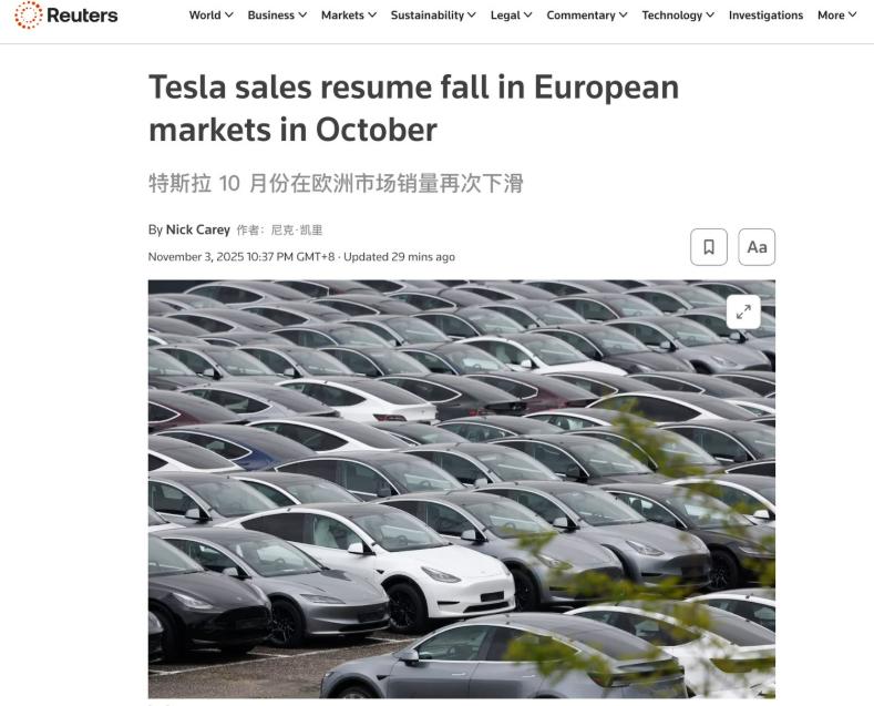 外媒：特斯拉在欧洲市场被中国新能源车企反超了路透社的销量数据，直接被特斯拉在欧