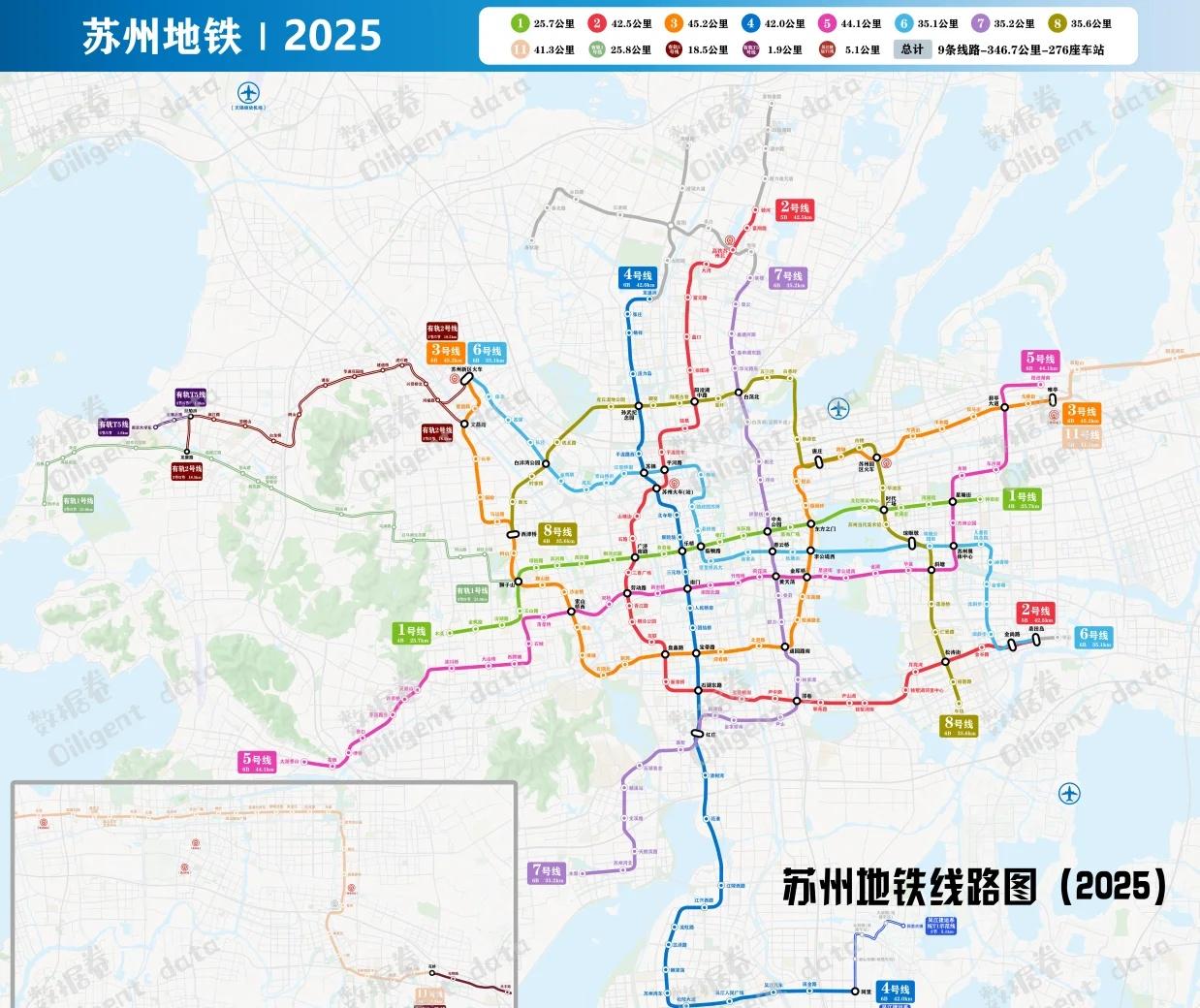 苏州地铁线路图（2025版）右滑看细节→：【1号线】：木渎站-钟南街站25